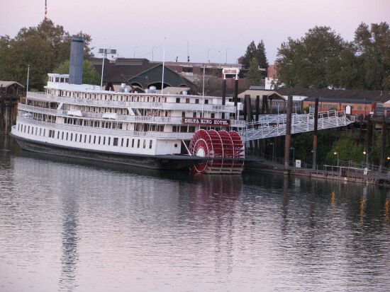 Old Sacramento, along with the Delta King riverboat docked alongside it.